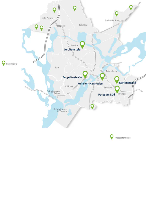 Karte von Potsdam und Umgebung mit eingezeichneten Standorten der Projekte