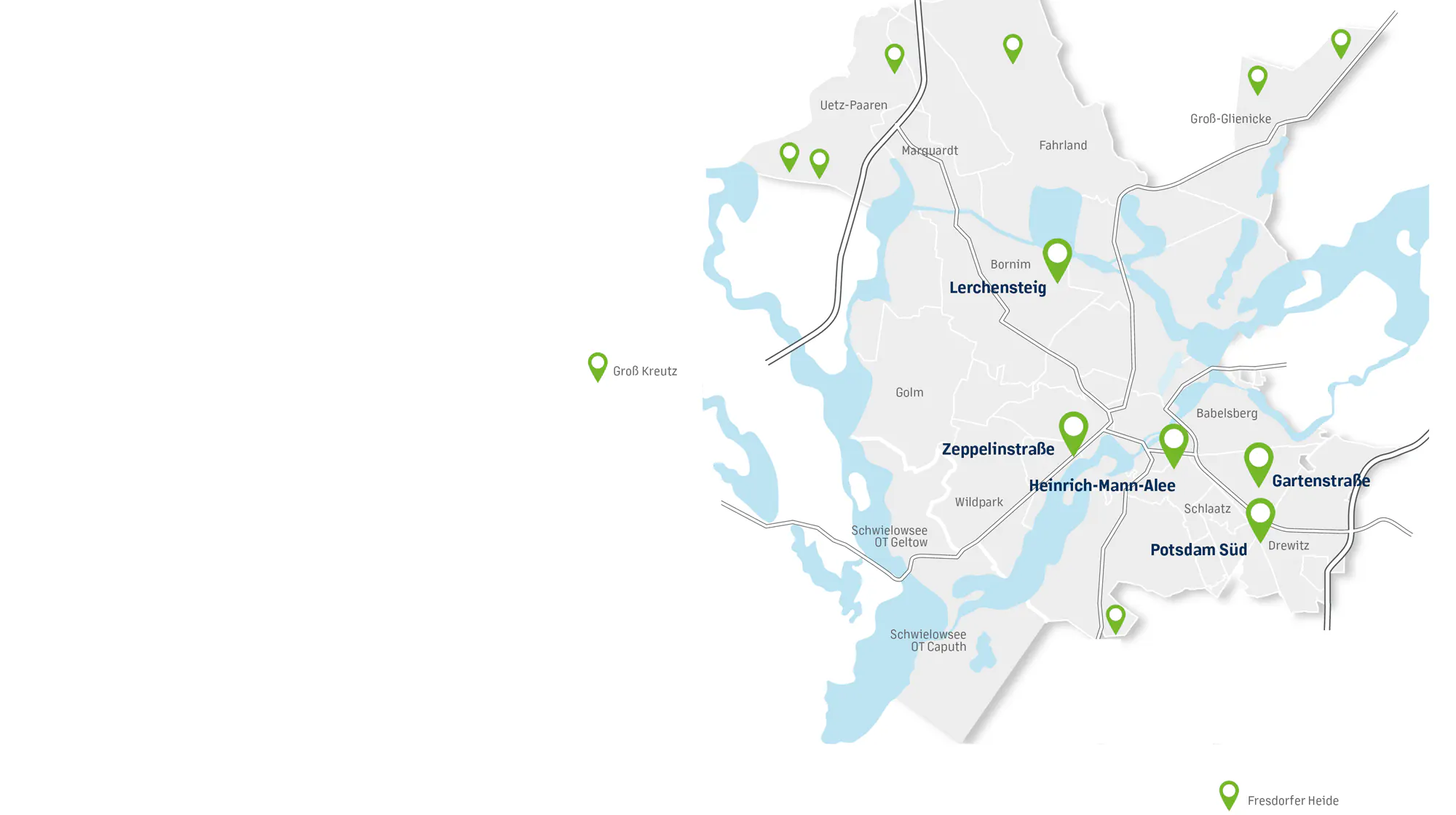 Karte von Potsdam und Umgebung mit eingezeichneten Standorten der Projekte